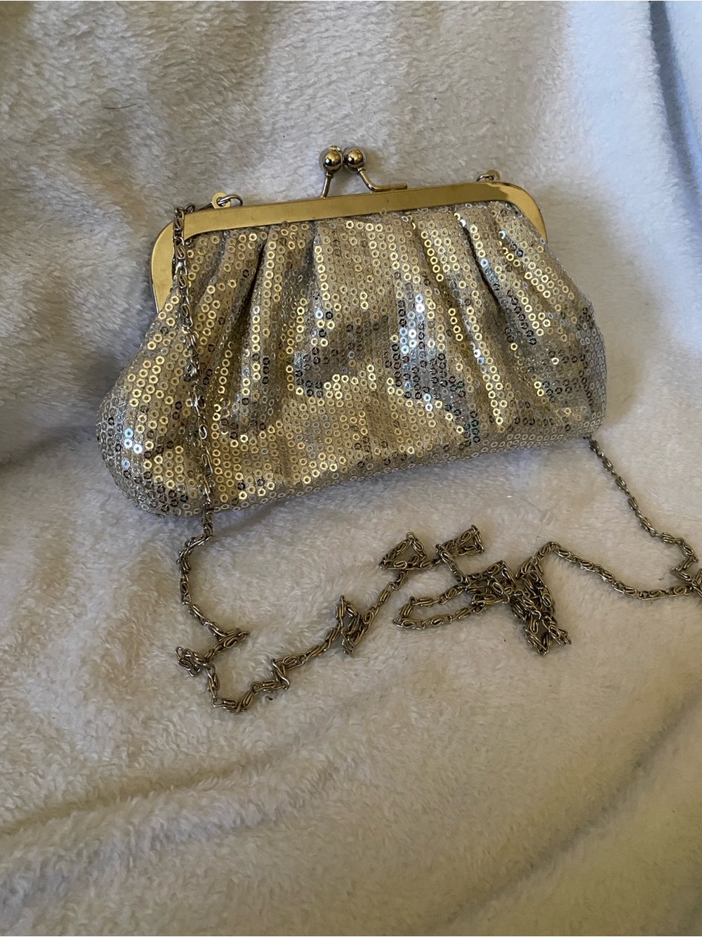 Gold Sequin Kiss-Lock Evening Clutch with Chain Strap